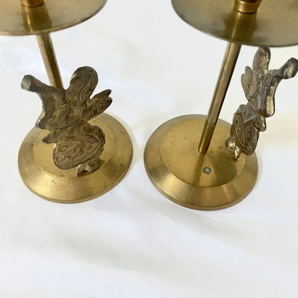 Set of 2 Vintage Gold Brass Nostalgic Trumpet Angel Candle Holders